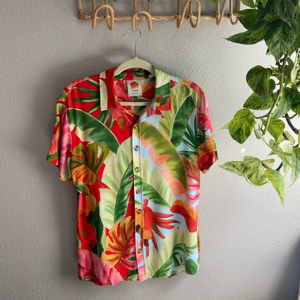 Farm Rio Cashew Mix Floral Button Down Short Sleeve Shirt